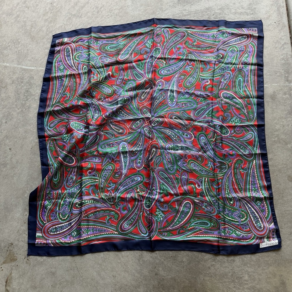 Vintage 80s Sunkyung SA Paisley Silk Feel Square Scarf Red Navy Blue Green 34"
